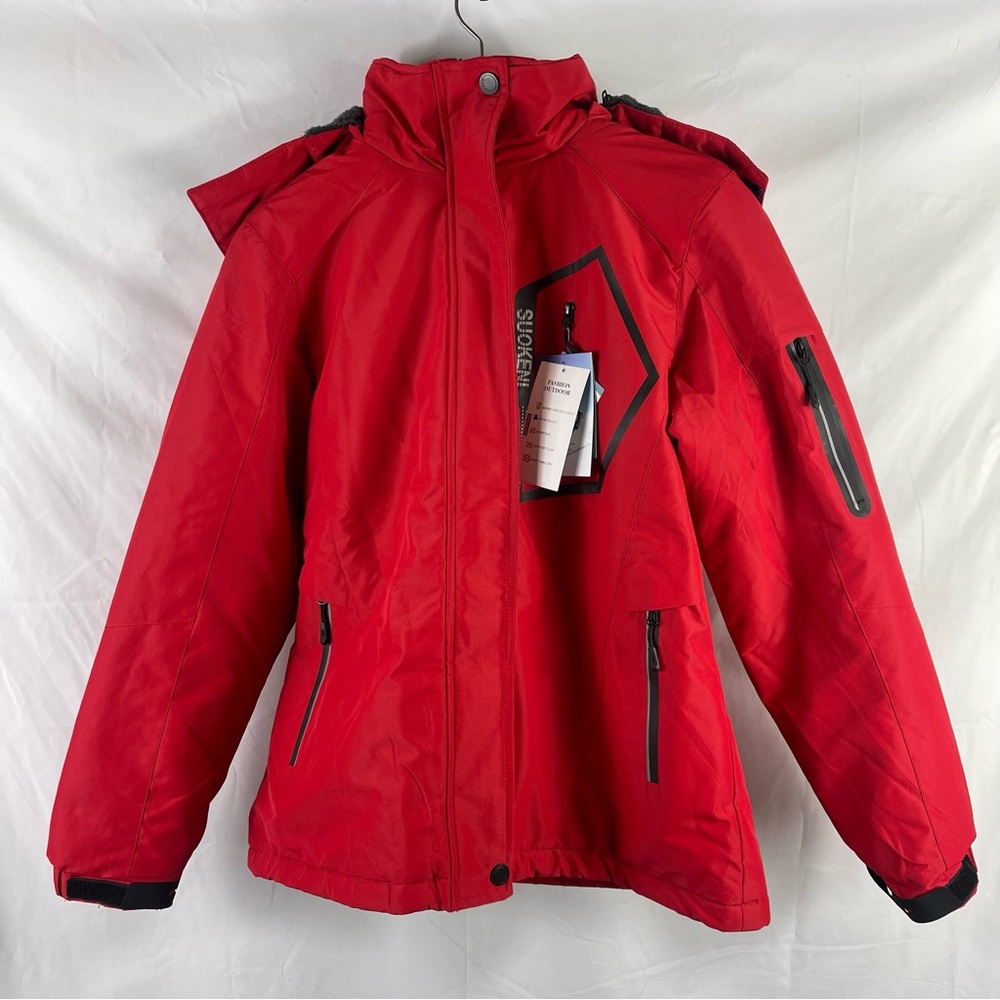 Red and Black Puffer Sweater with High Collar